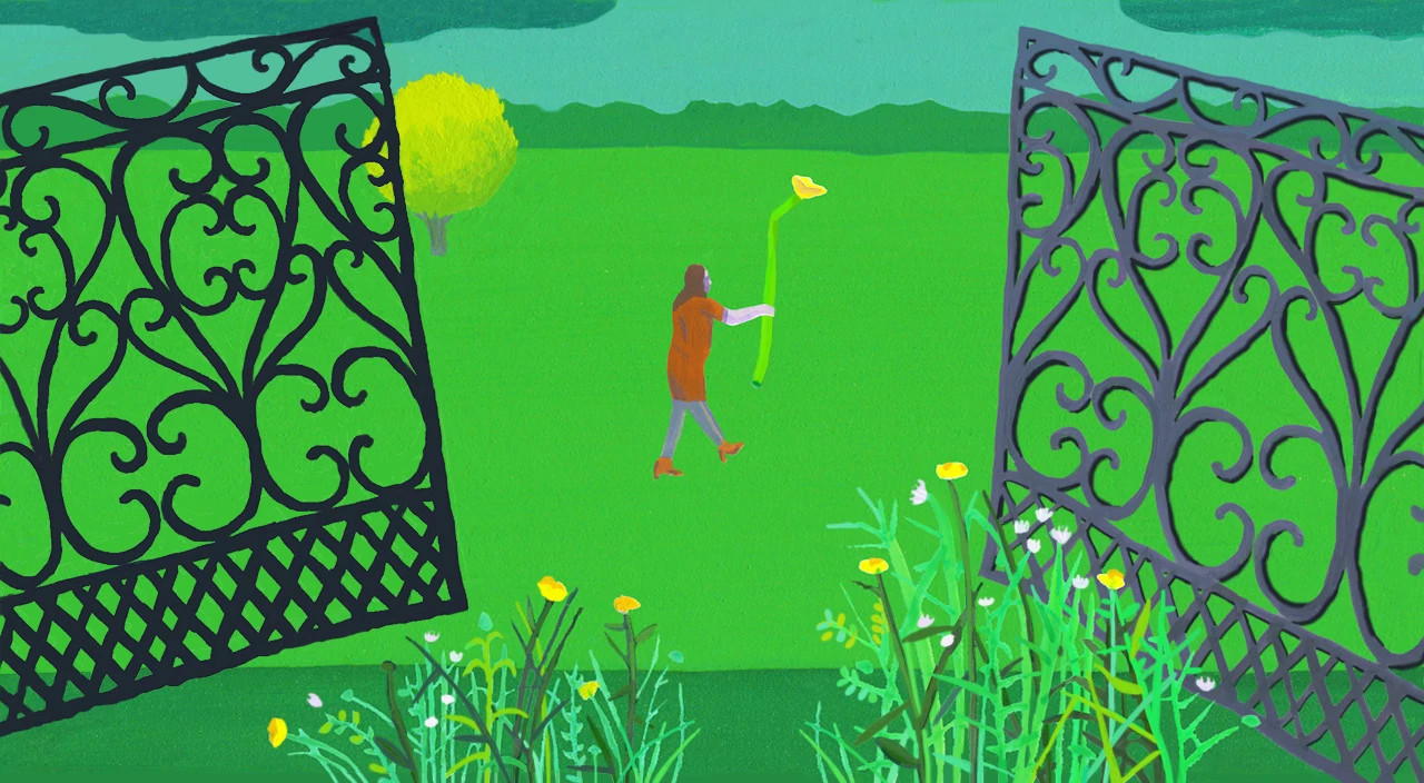 illustration, woman walking through, fence, holding flower in green field