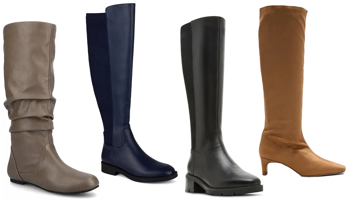 a collage showing four different styles of tall boots