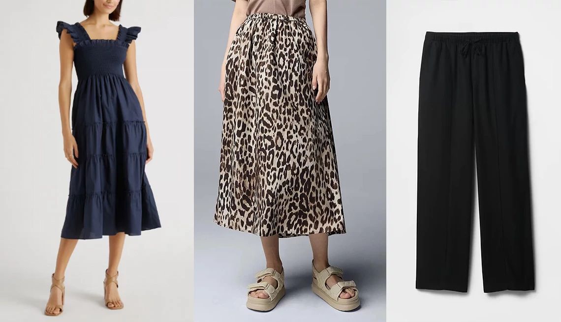 How to Dress for a Summer Heat Wave a collage with people modeling dark-colored and patterned garments