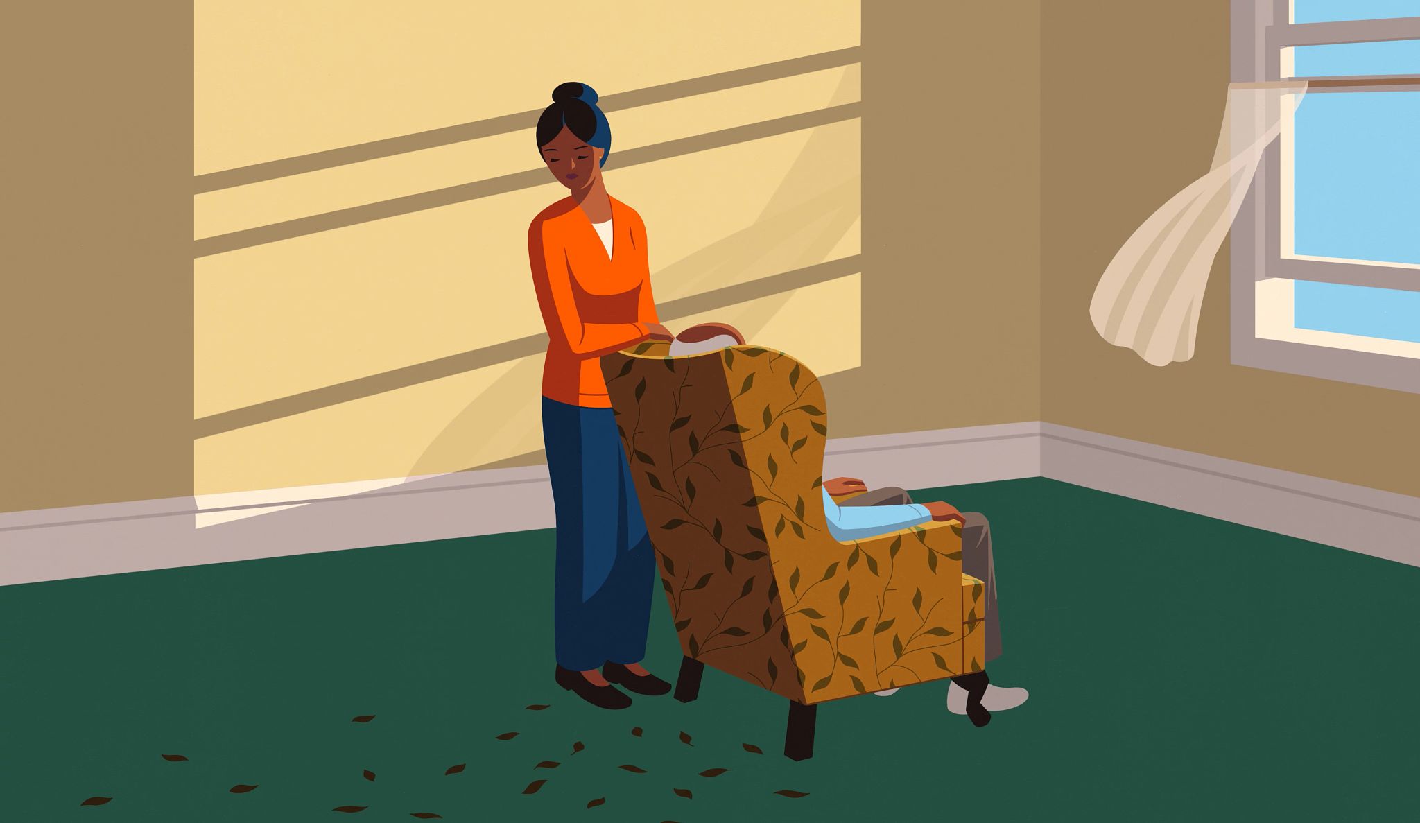Warning Signs of Dementia illustration of woman sitting in armchair looking out window