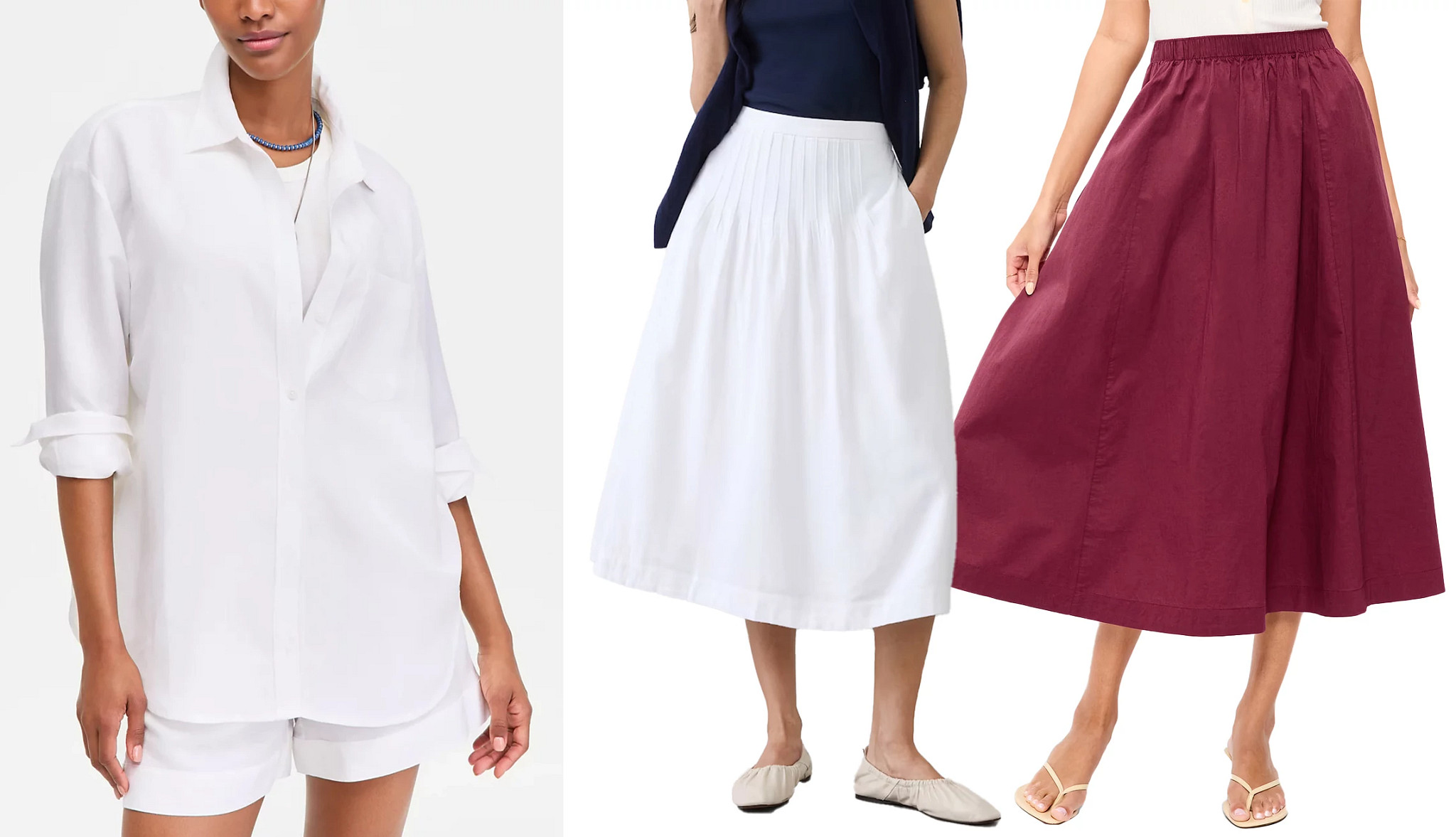 a collage with a model wearing a crisp white blouse and two models wearing lightweight midi skirts