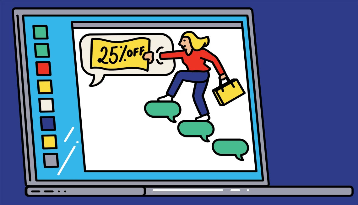 a person walks up chat bubbles toward a twenty five percent off sign