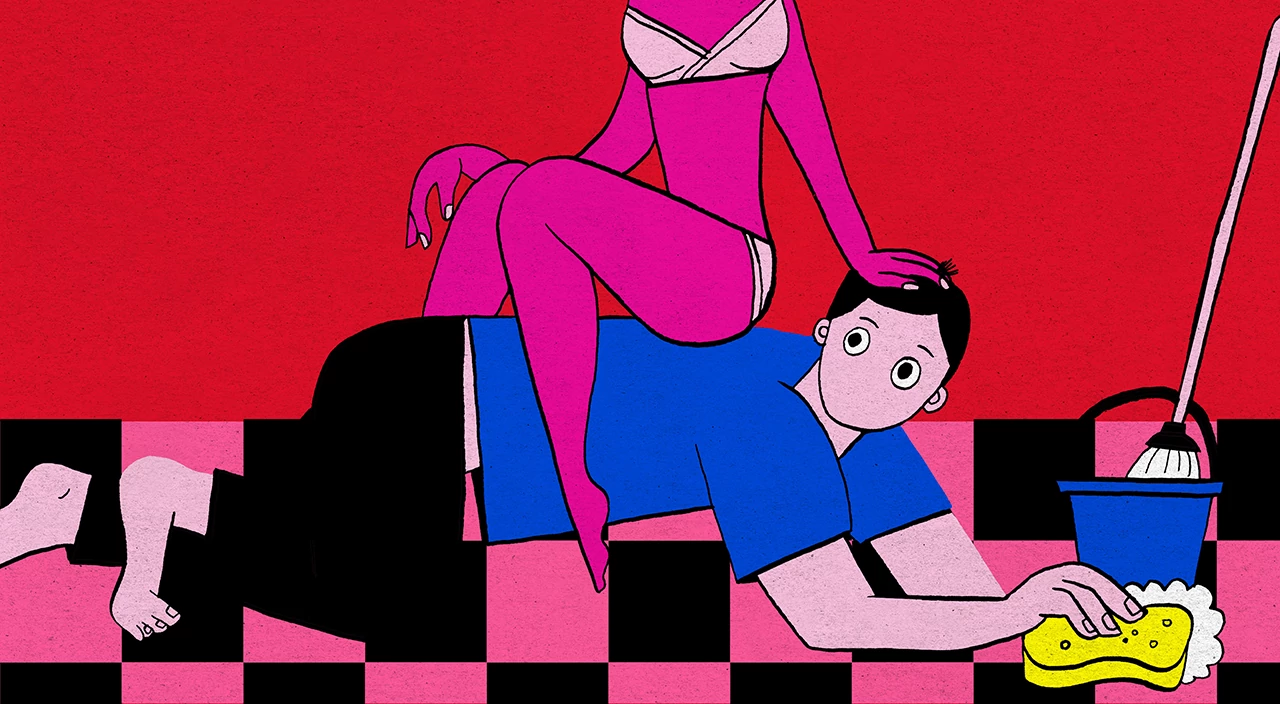 illustration of wife sitting on top of husband while he cleans the floor