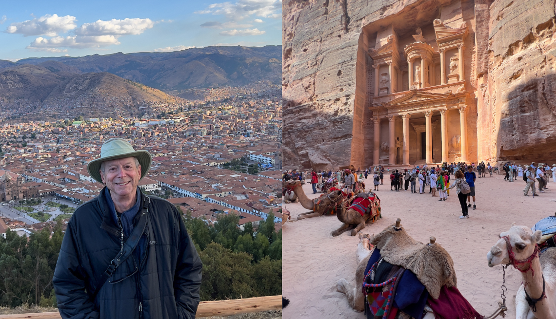 a split image of a man standing with a city behind him and petra, jordan