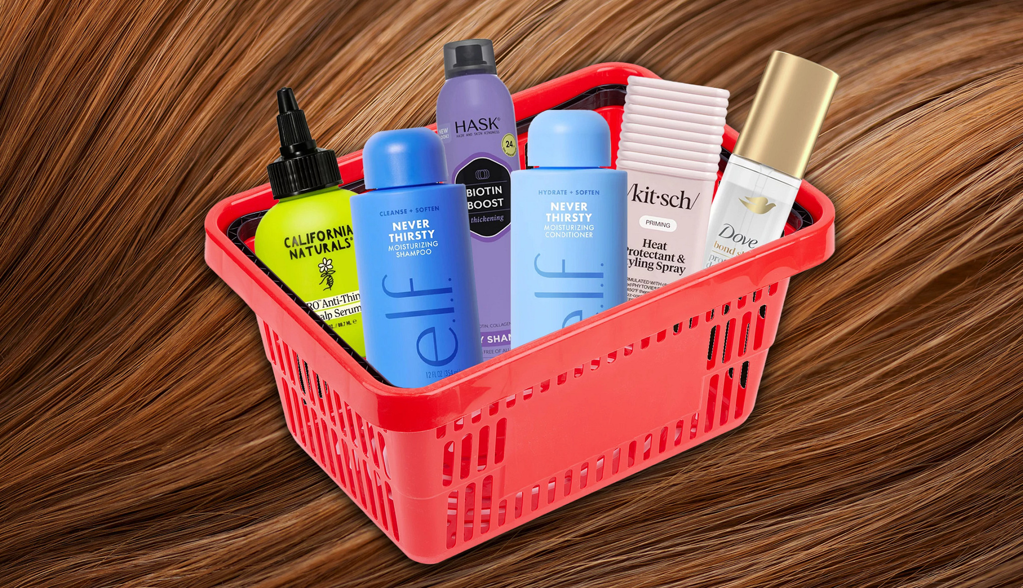 A red plastic shopping basket filled with drugstore hair products