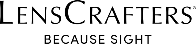 LensCrafters LensCrafters black letters over Because Sight black smaller letters, logo
