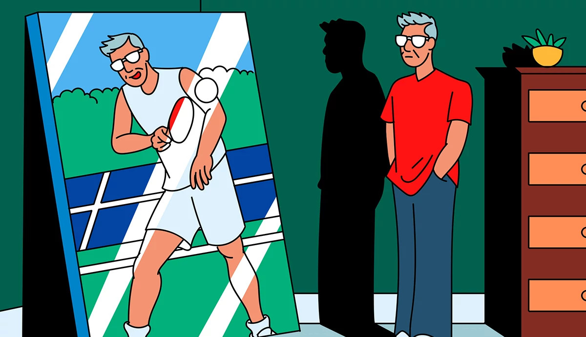 illustration depicting a middle-aged man with grey hair and glasses standing in a room, looking somberly at a large mirror. His reflection shows a younger, more energetic version of himself.