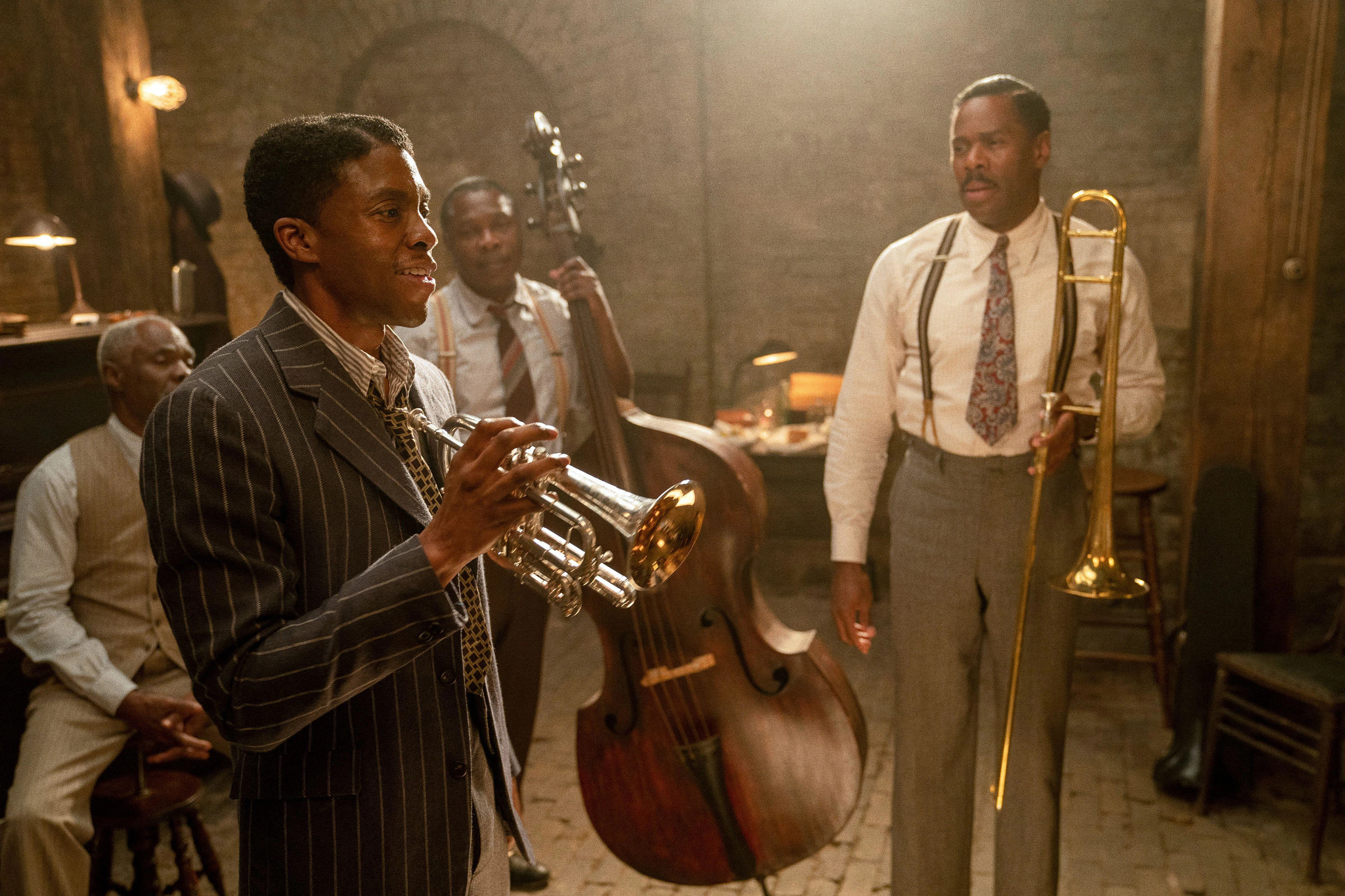 Chadwick Boseman, Colman Domingo, Glynn Turman and Michael Potts in a scene from Ma Rainey’s Black Bottom
