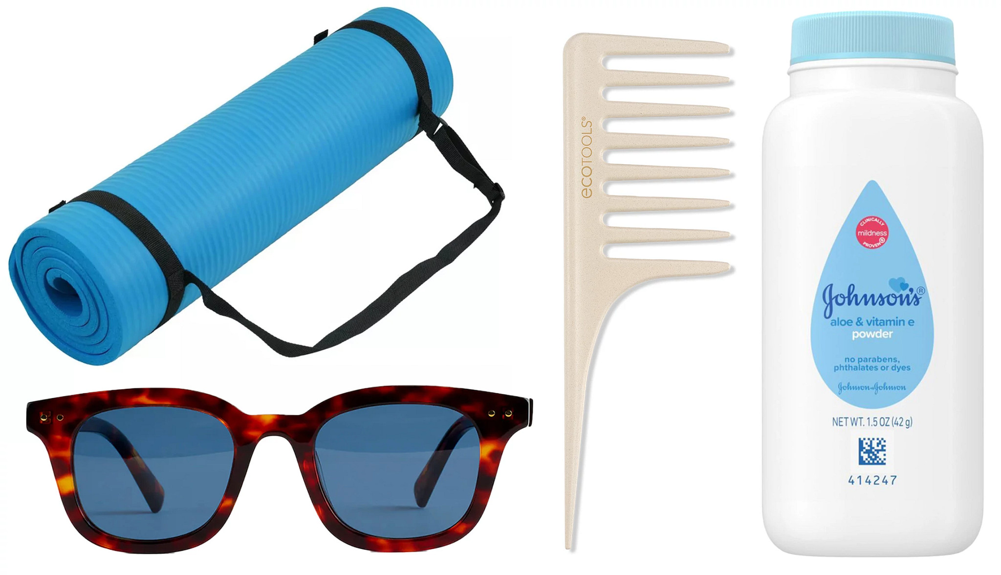 a collage with a portable beach mat, sunglasses, a wide tooth comb and soothing skin powder