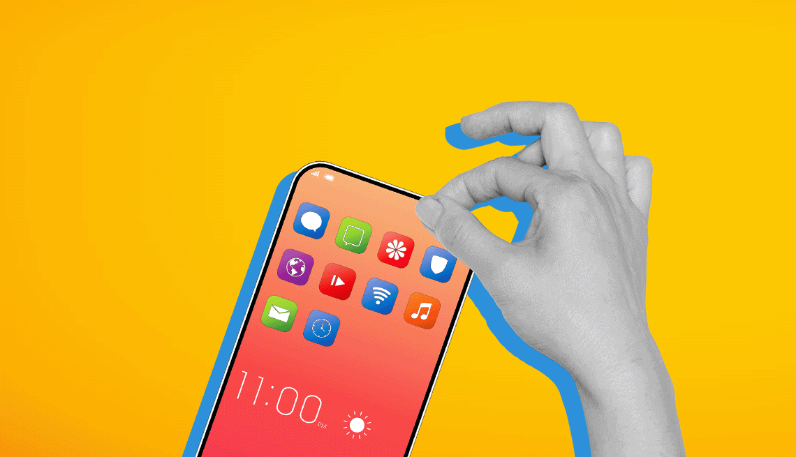 a hand pulls a blurred identification card out of a smartphone