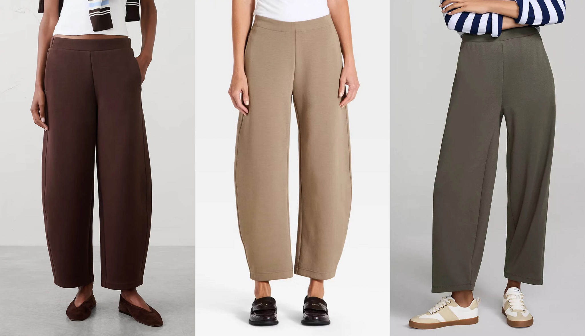 a collage with three different styles of womens barrel leg pants