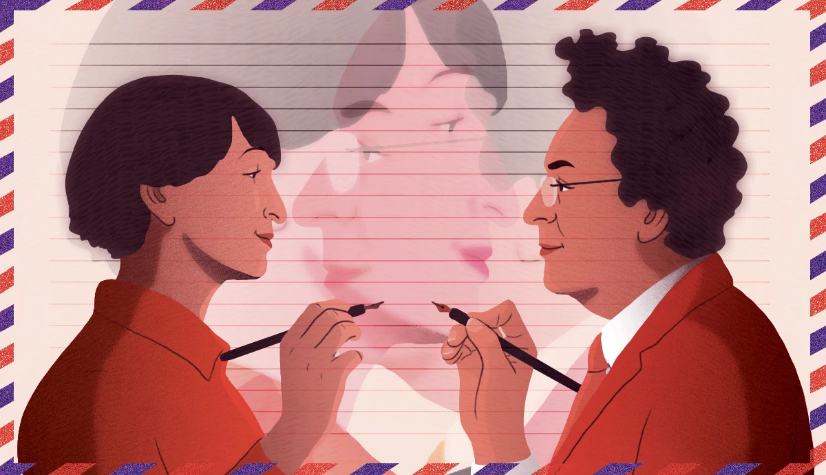 Illustration of two people facing each other while holding fountain pens, with a soft overlay of a face in the background and an airmail-style border framing the composition