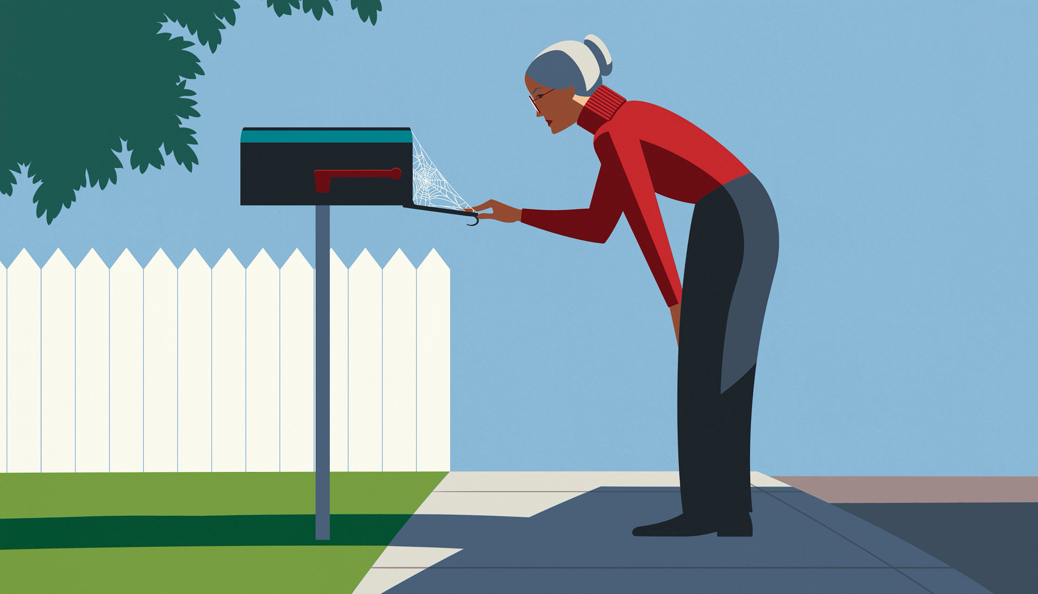 an illustration shows an older person looking into a mailbox that has a spiderweb on the door, indicating mail has not been received