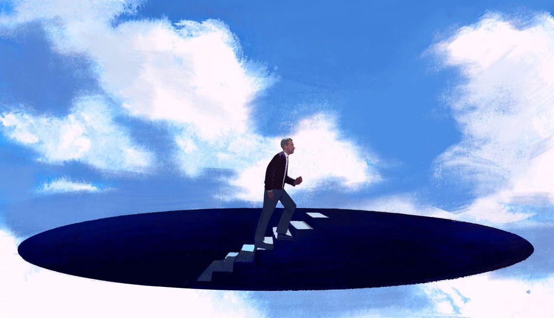Dealing With Extreme Grief An illustration shows a man emerging by stairway from a black hole into an otherwise blue sky with puffy clouds.