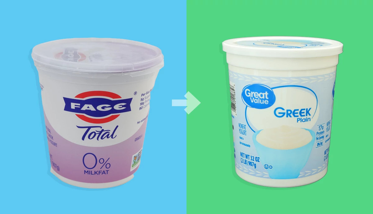 Fage yogurt next to a Great Value generic brand yogurt.