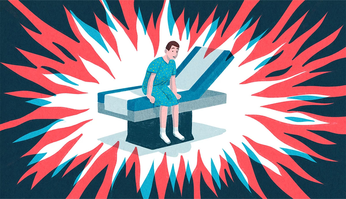 Illustration depicting a person looking worried while sitting in a doctor's examination room