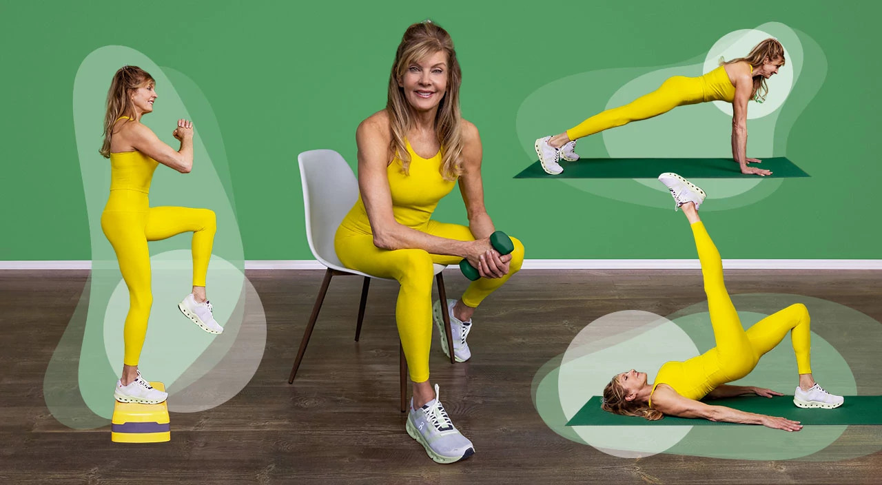 Collage of Kathy Smith demonstrating several fitness exercises, including seated strength training with hand weights, step-up knee raises, plank position and floor bridge leg lifts