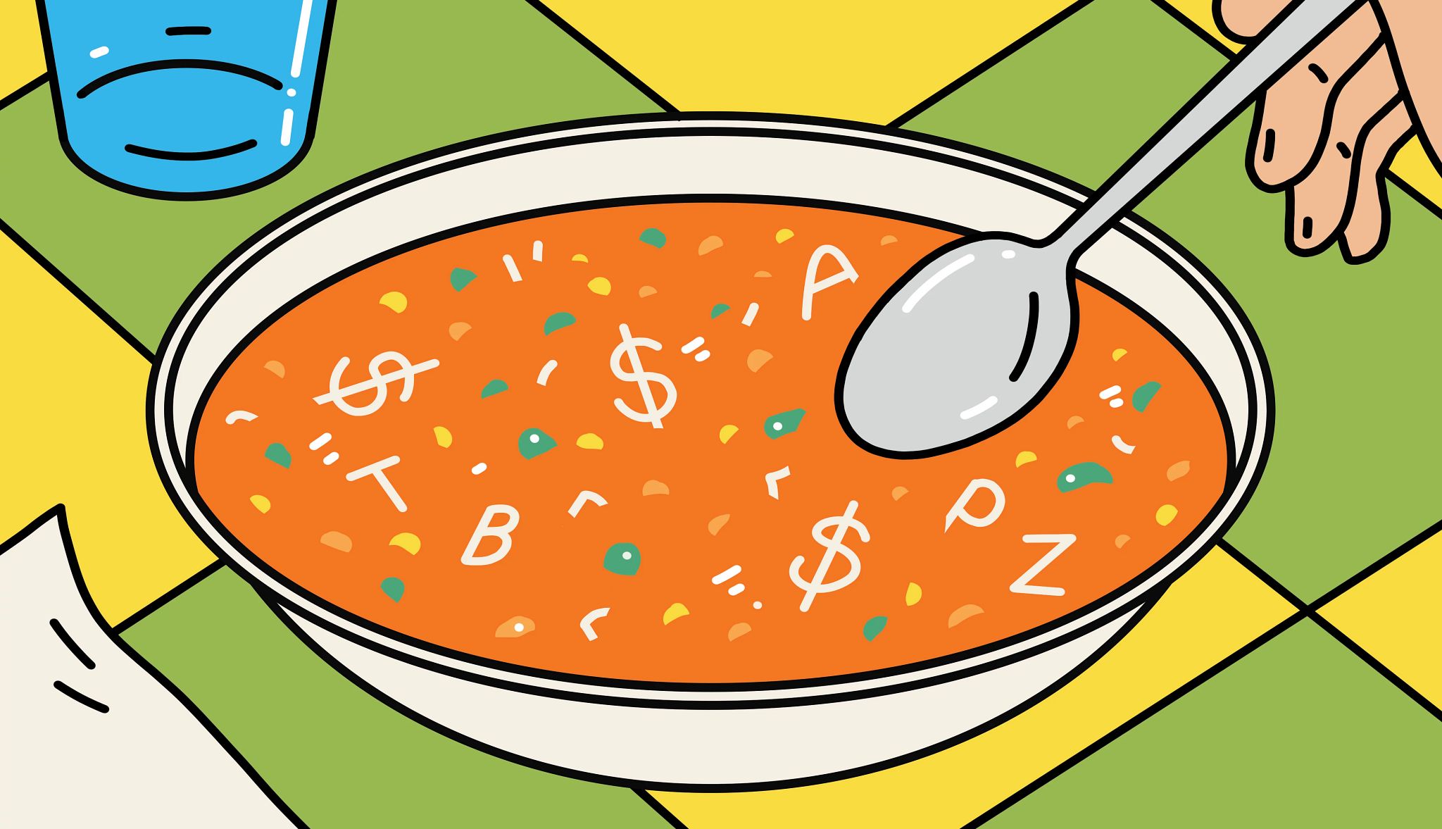ilustración de una sopa roja con fideos en formas de símbolos de dólar