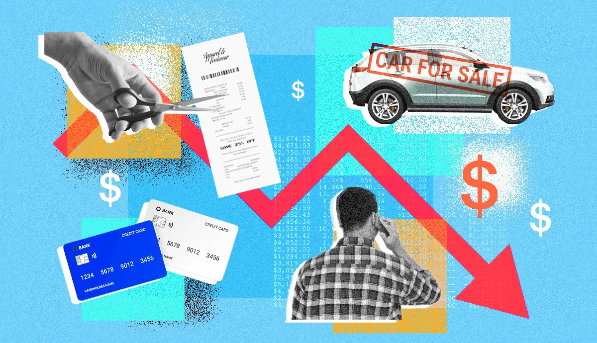 Collage of debt payoff motifs, including credit cards, cutting reciepts, selling a car and dollar signs, showing various ways to tackle credit card debt