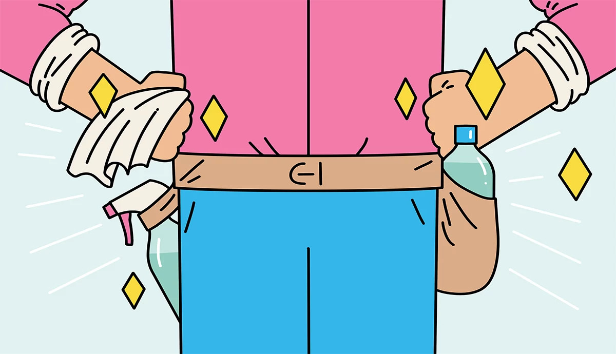 an illustration shows an older adult wearing squirt bottles full of vinegar like a cowboy with six-shooters