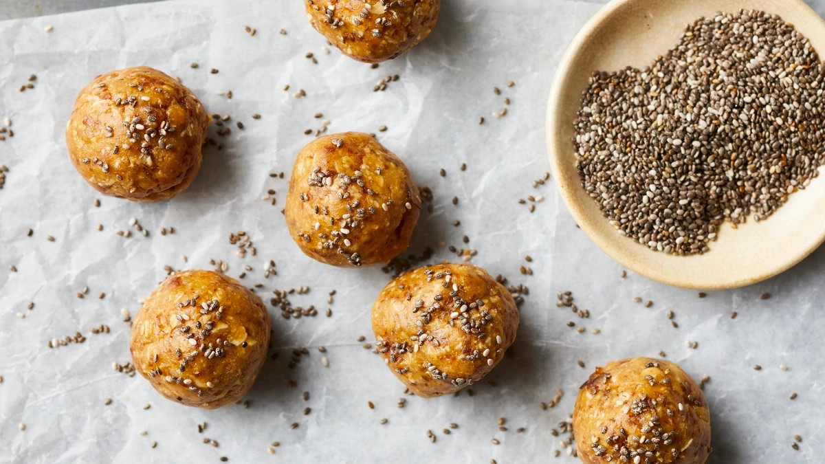 An overhead view of peanut butter oat energy bites