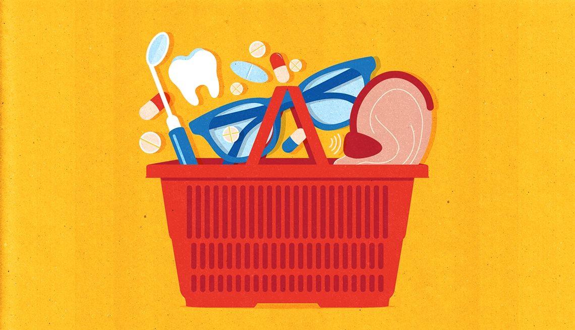 Choose and Enroll in a Medicare Advantage Plan basket with glasses, dental tools and hearing aid