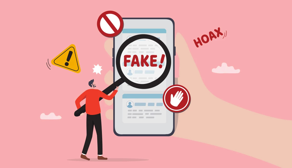 Illustration of a man holding a magnifying glass in front of a giant smartphone with fraud warnings displayed on a pink background