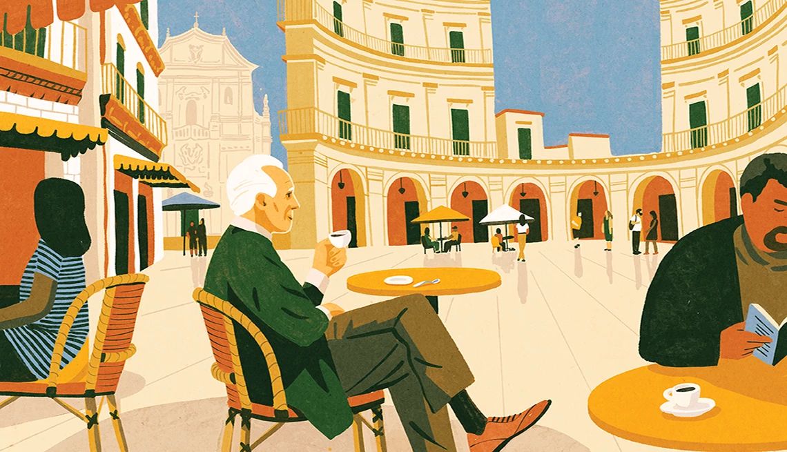 art of doing nothing illustration of a man holding a cup of coffee in an outdoor cafe