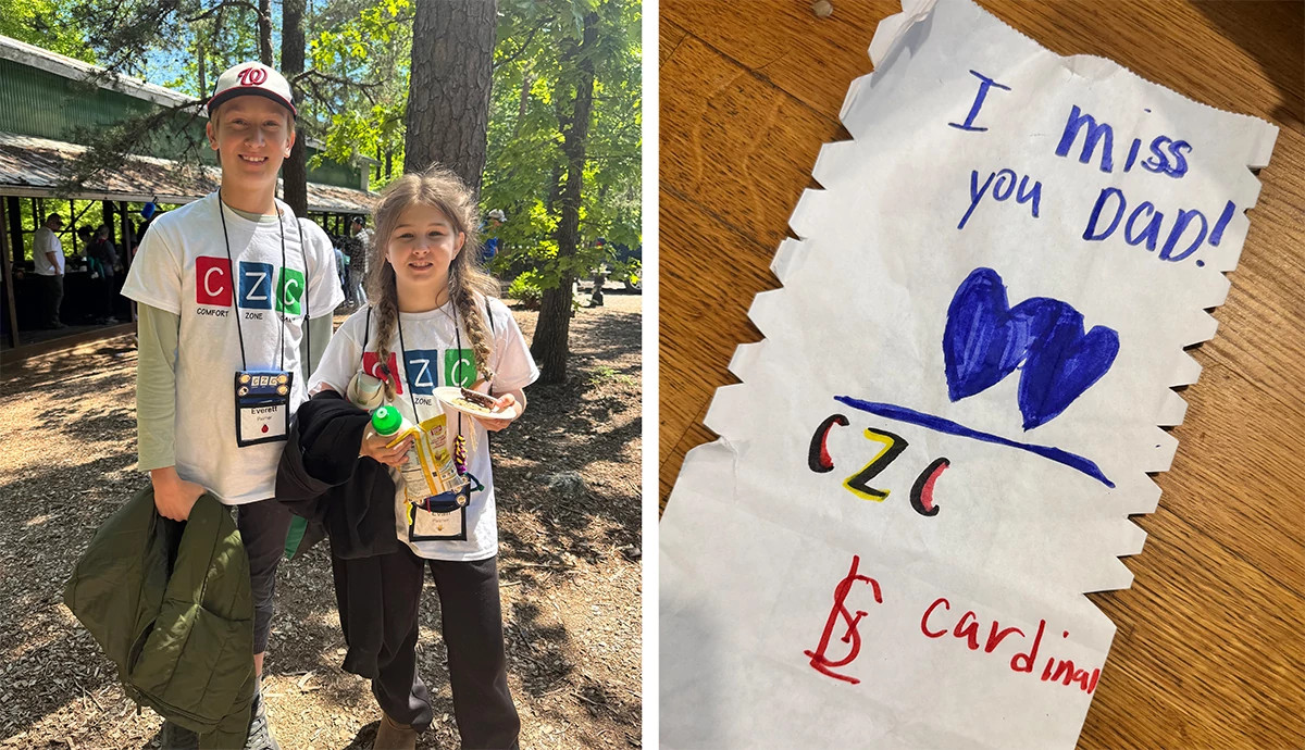 Two photos are combined in two frames. In the left frame are a boy and a girl camper. In the right frame is a luminary to a child’s father.
