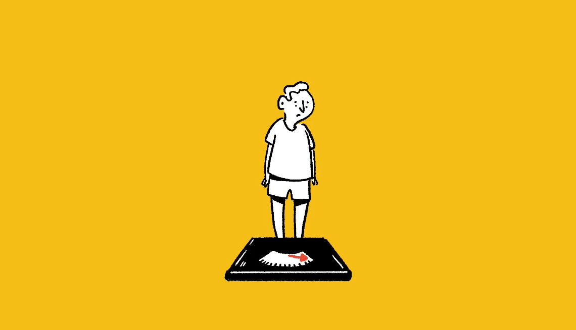 Can Extra Weight Be Healthy? illustrated gif of a man stepping on a scale