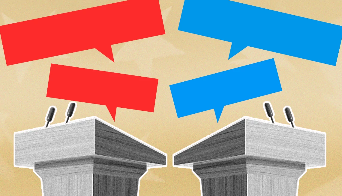 Senate, governor candidates address the issues red and blue speech bubbles float above two podiums