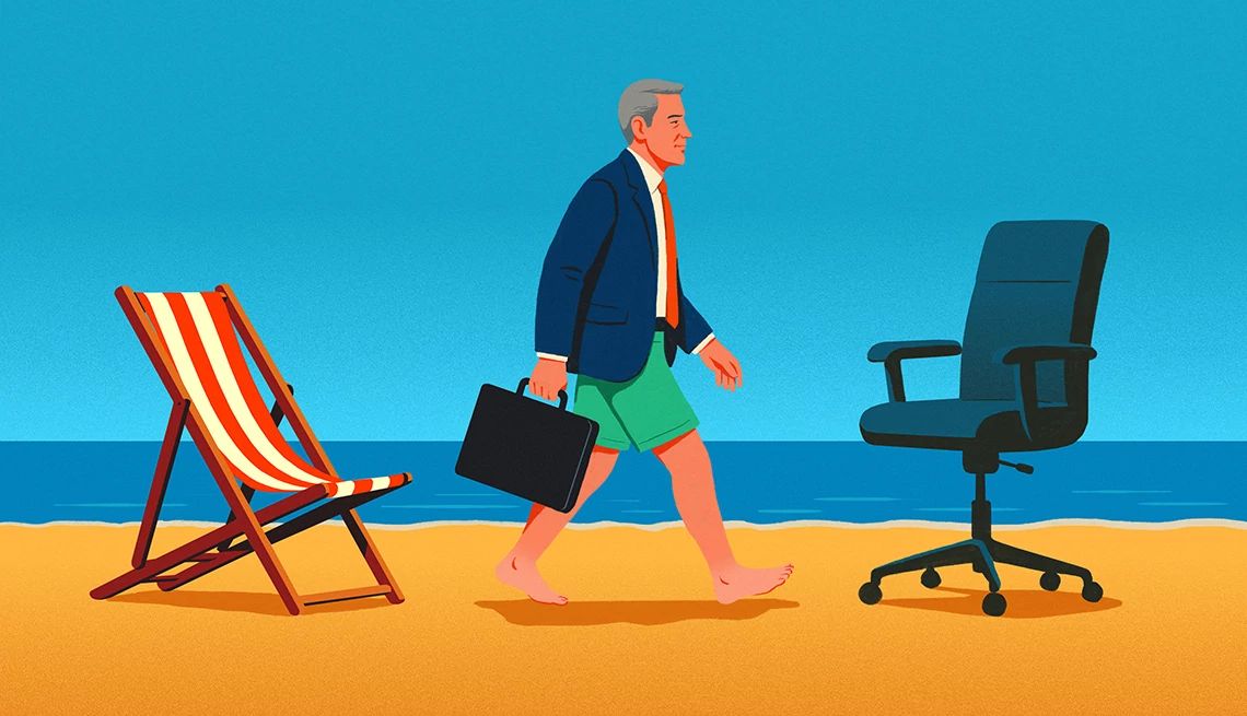 September Surge Jobs an illustration of a man in a suit jacket and trunks walking on a beach from a beach chair to an office chair