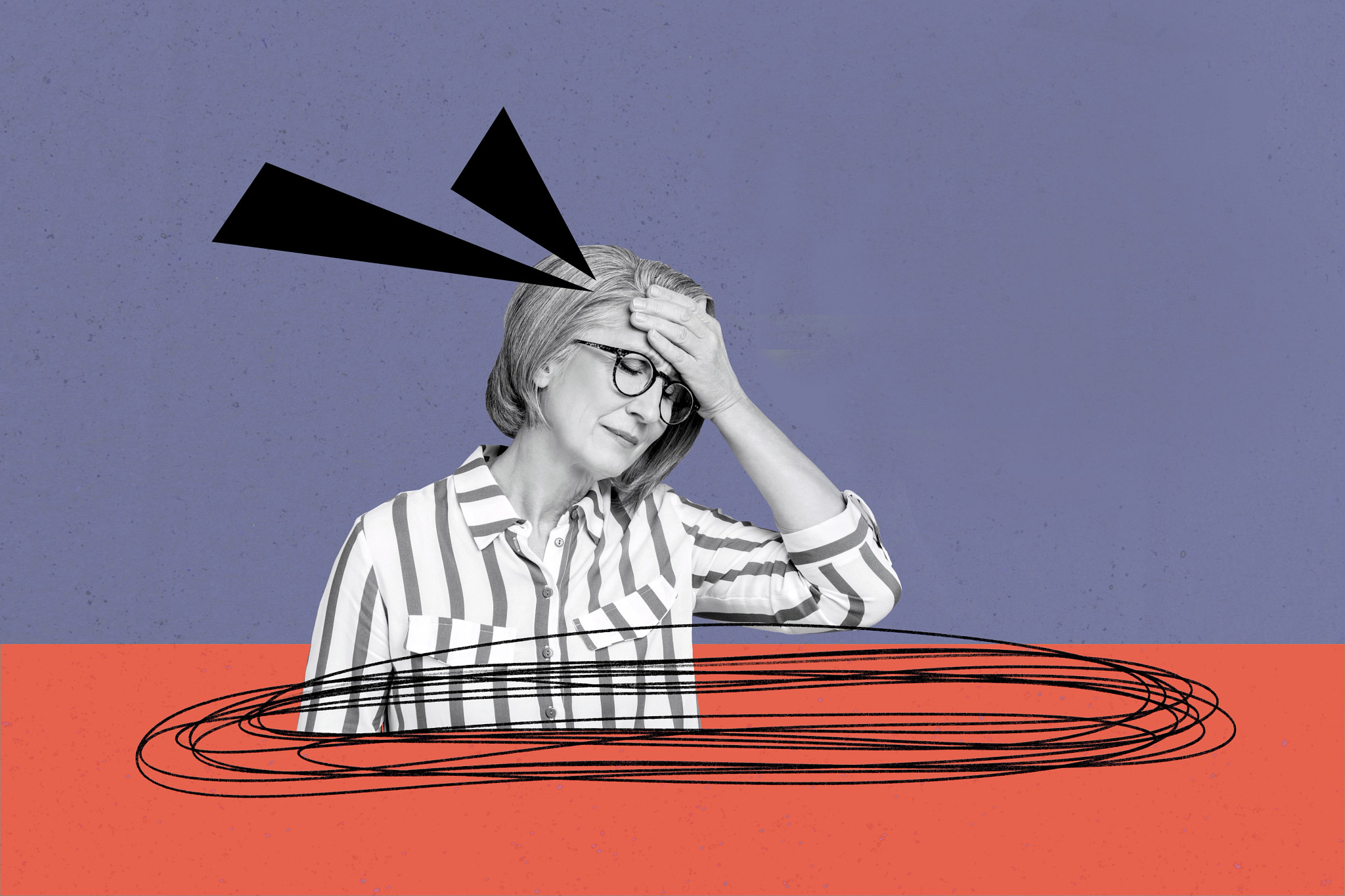 A woman with her eyes closed and a hand on her head