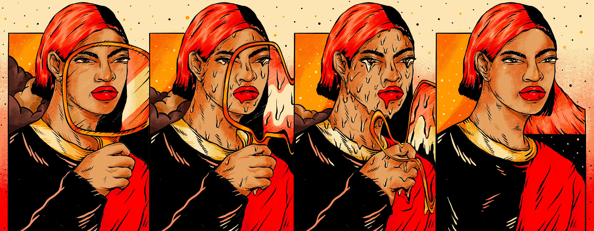 illustration of woman holding a melting mirror as it reveals her self by noopur choksi