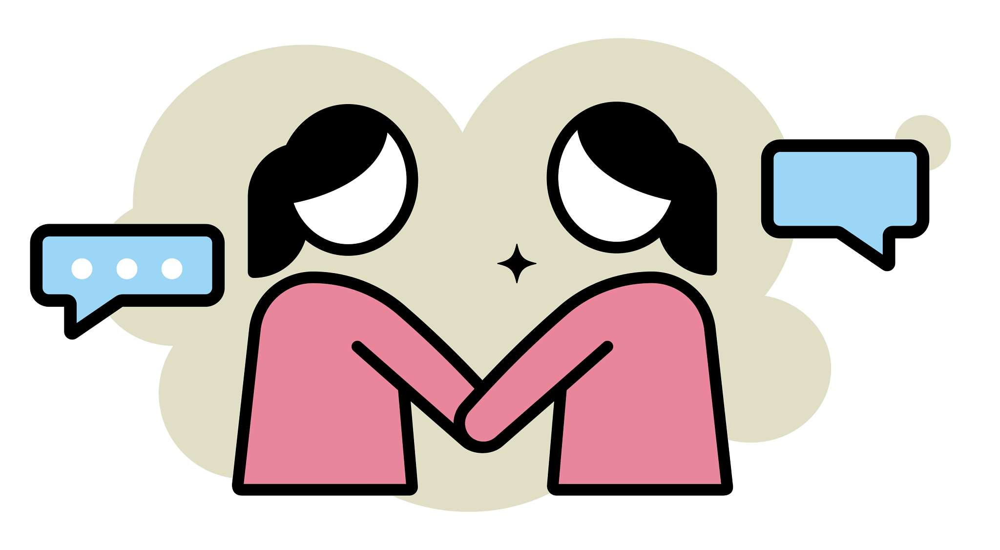 Illustrated icon showing two adults connecting through conversation, with speech bubbles on both sides and joined hands