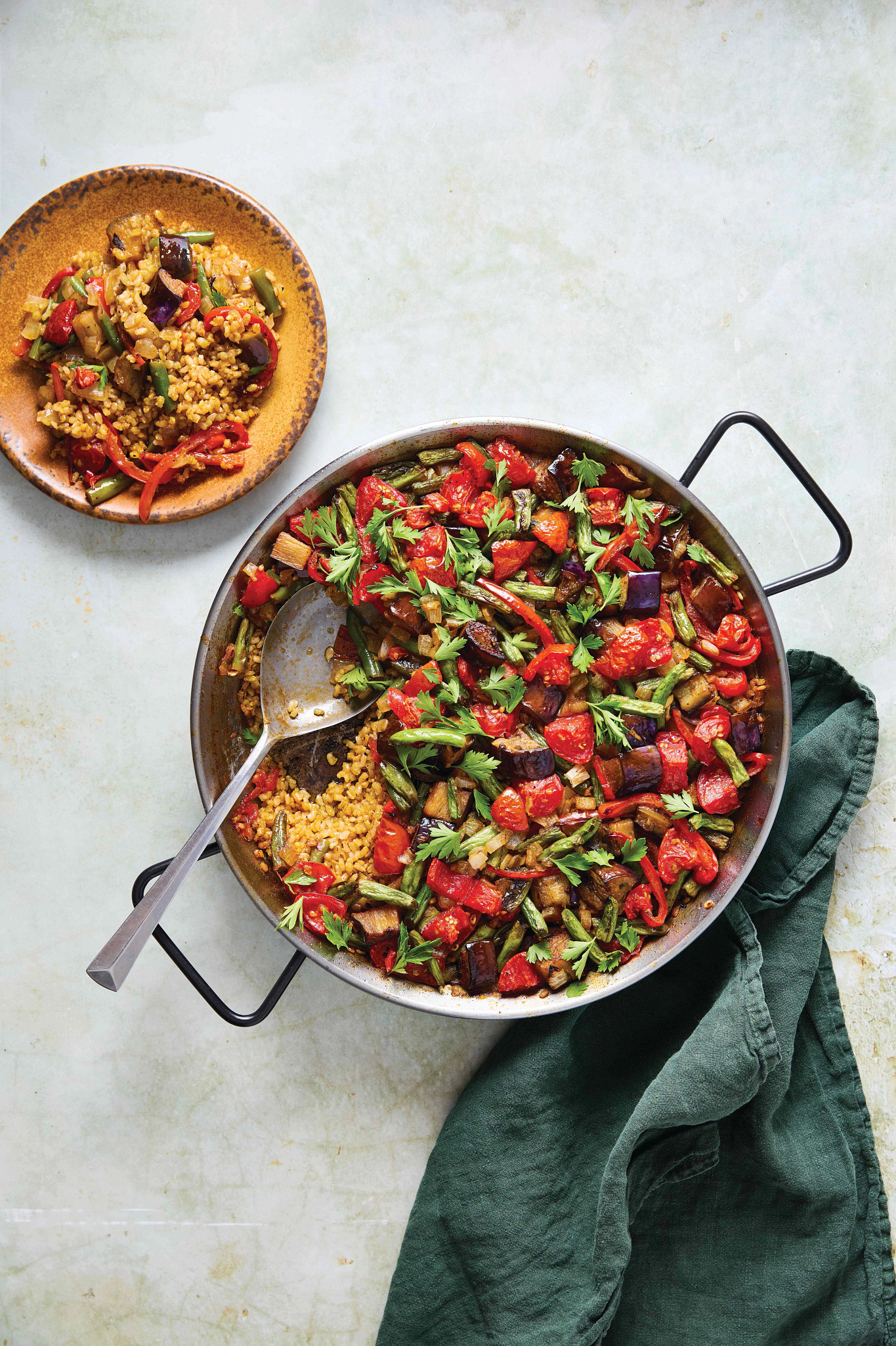 Mark Bittman’s paella with vegetables dish in an overhead view