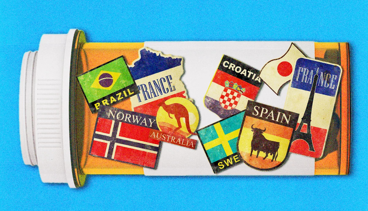 an illustration of a pill bottle with international stickers