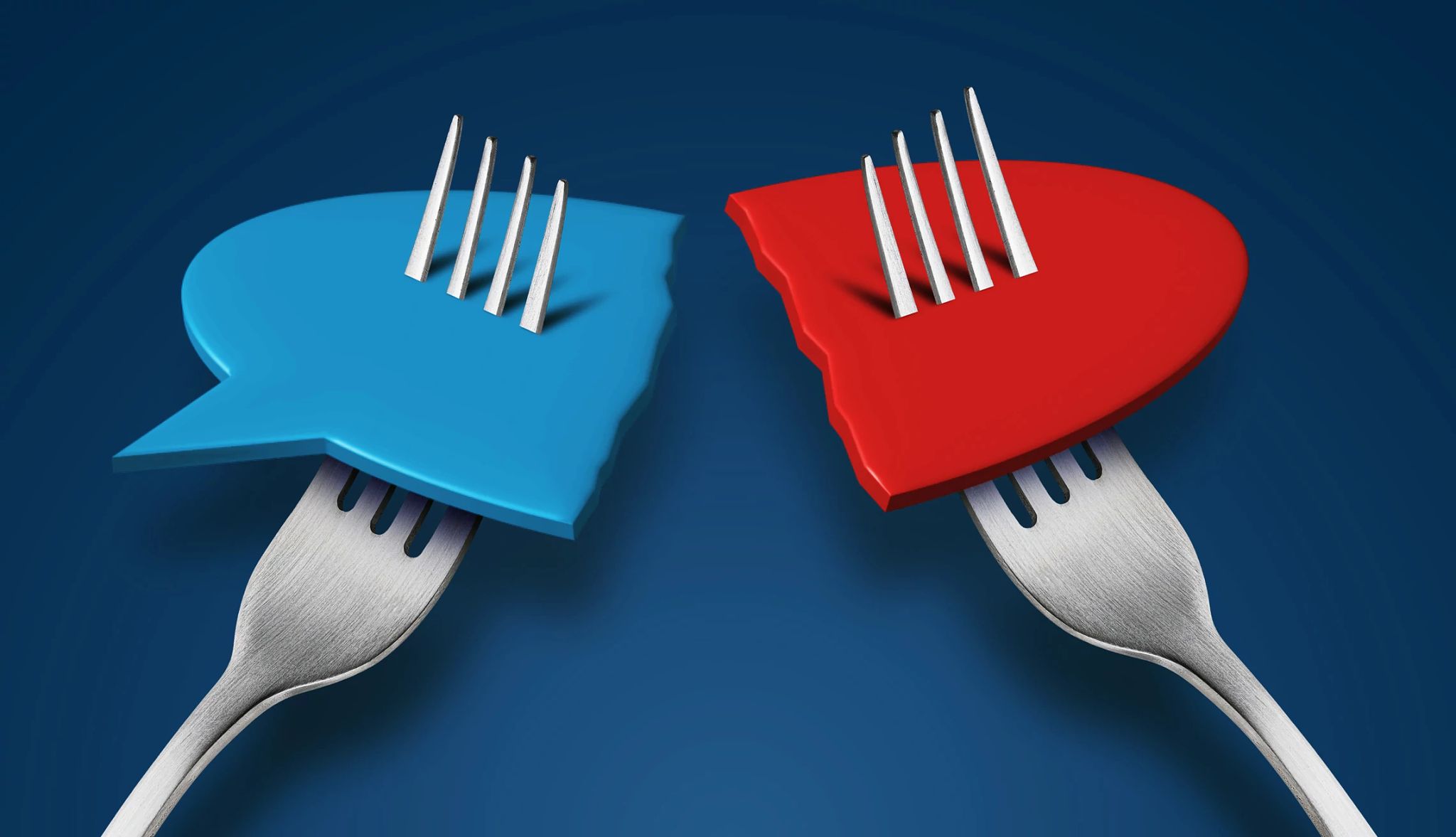 How to handle political differences two dinner forks, one holding half of a blue speech bubble and the other holding half of a red speech bubble
