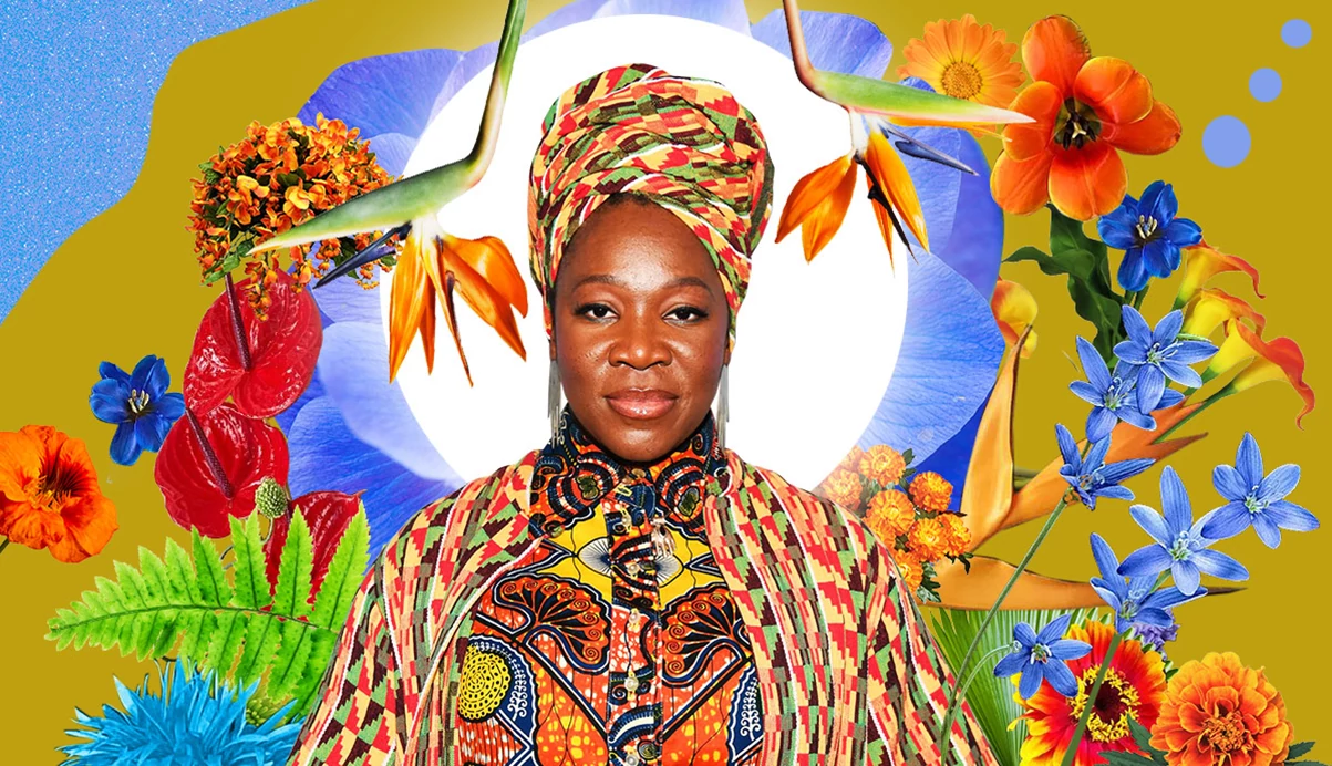 Colorful digital collage portrait of India Arie surrounded by bright tropical flowers, blue blossoms, lush greenery, and vibrant patterned clothing