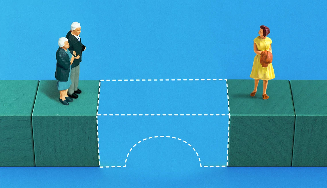 a graphic illustration shows an older adult couple atop a set of giant blocks. A bridge suggested by cutting plane lines separates them from their adult daughter