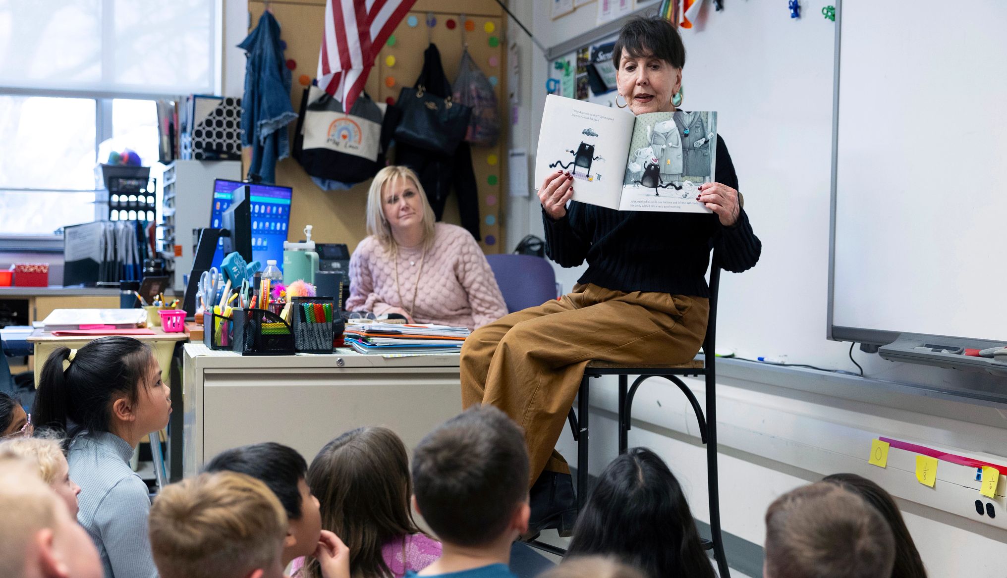 Janice Magri reads to students at Goodnoe Elementary in Bucks County, Pennsylvania