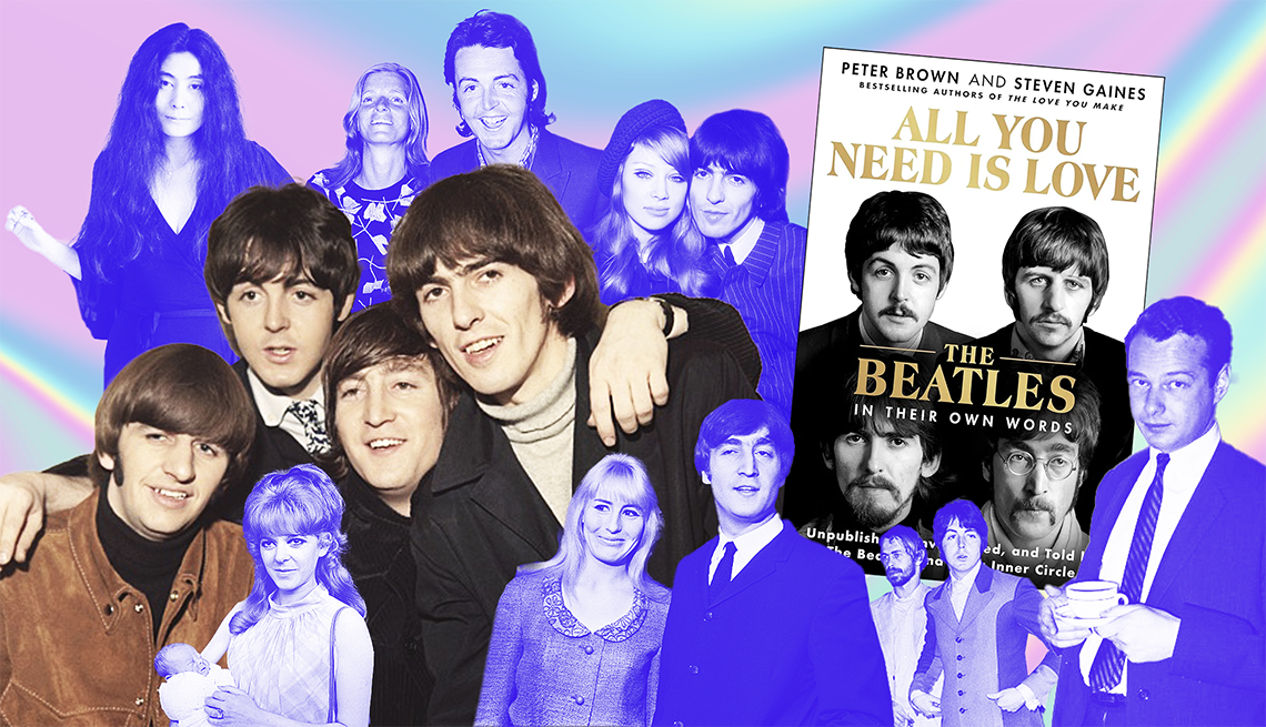 All You Need Is Love: The Beatles in Their Own Words A collage of various members of the Beatles and their spouses along with the book cover for All You Need Is Love The Beatles in Their Own Words