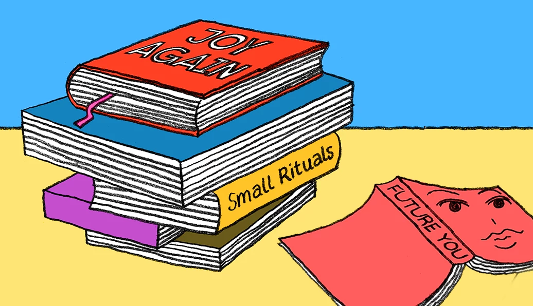illustration of books haphazardly set on a table, including the titles "Future You" and "Small Rituals"