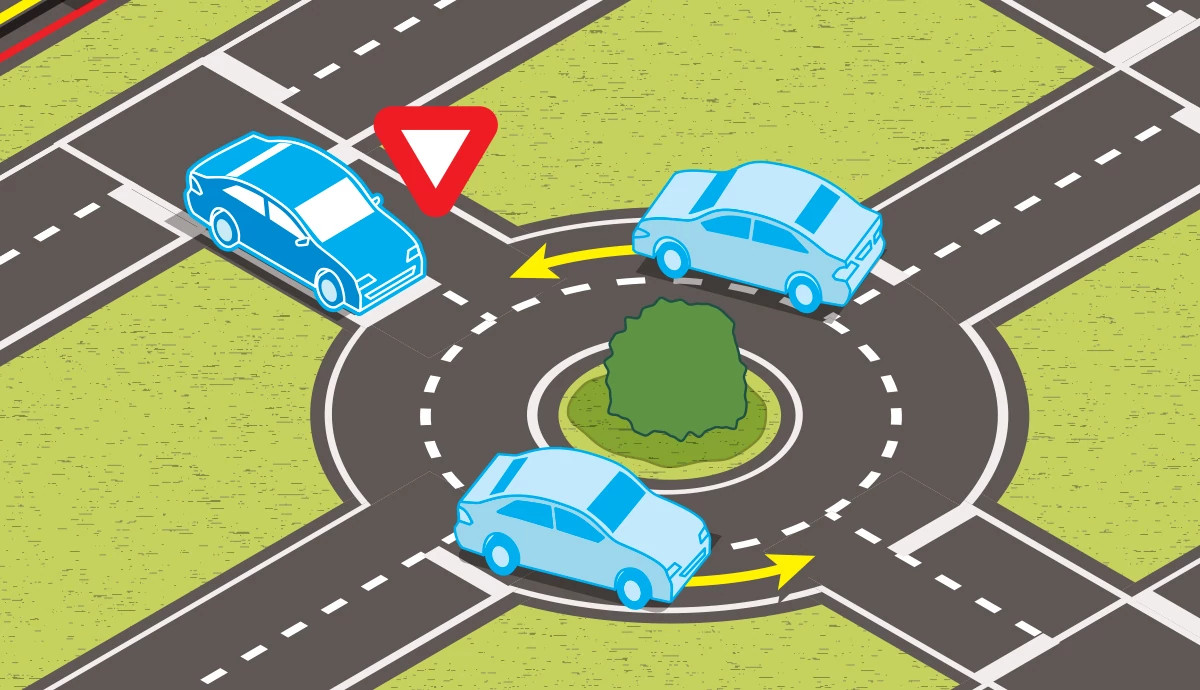 a graphic illustration with a three quarters view shows several cars negotiating a roundabout