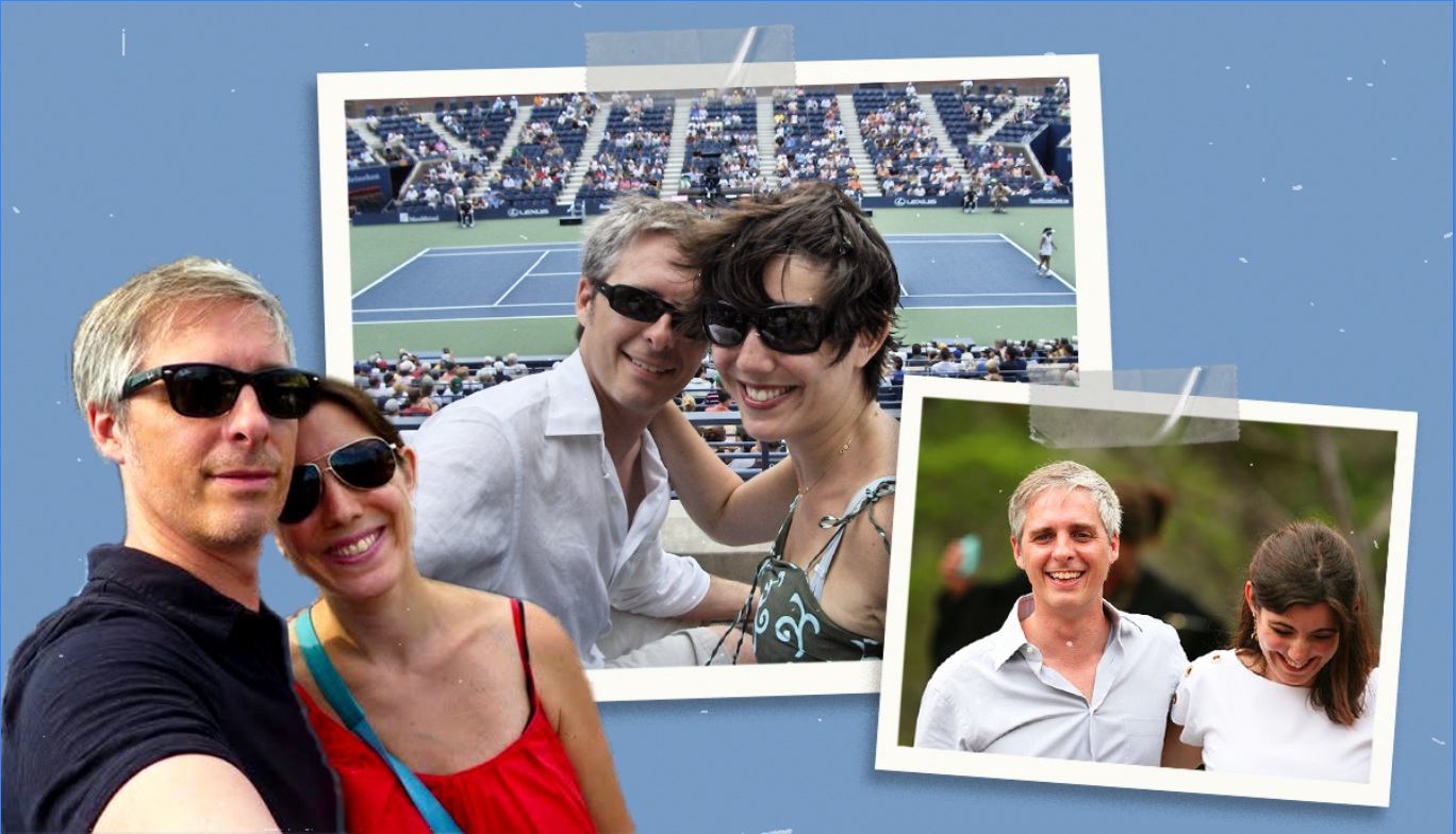 A photo collage shows Donna Freydkin and her husband at their wedding and at a tennis match. 
