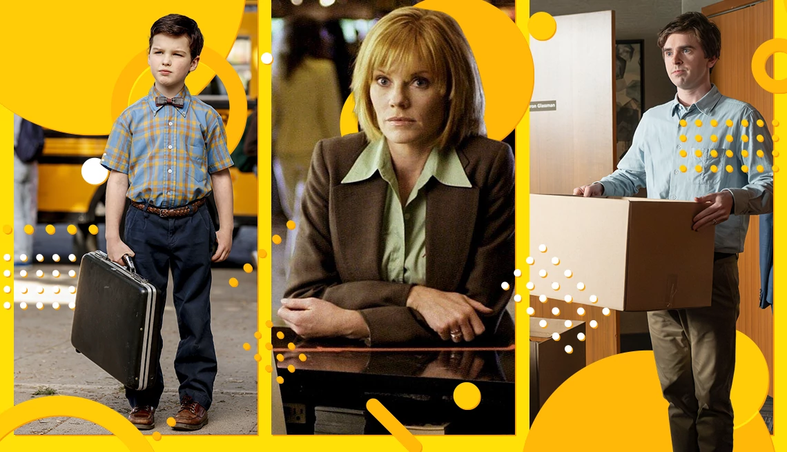 Iain Armitage holding a briefcase in Young Sheldon, Marg Helgenberger in CSI and Freddie Highmore carrying a box in The Good Doctor