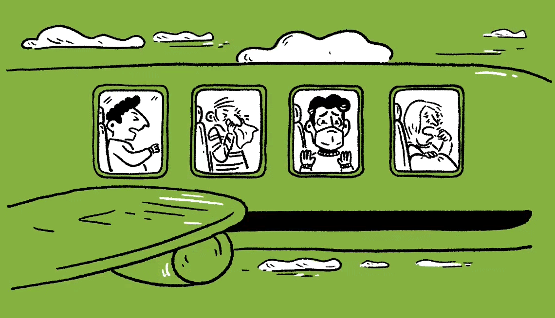 Safe Holiday Travel illustrated gif of people flying on a plane