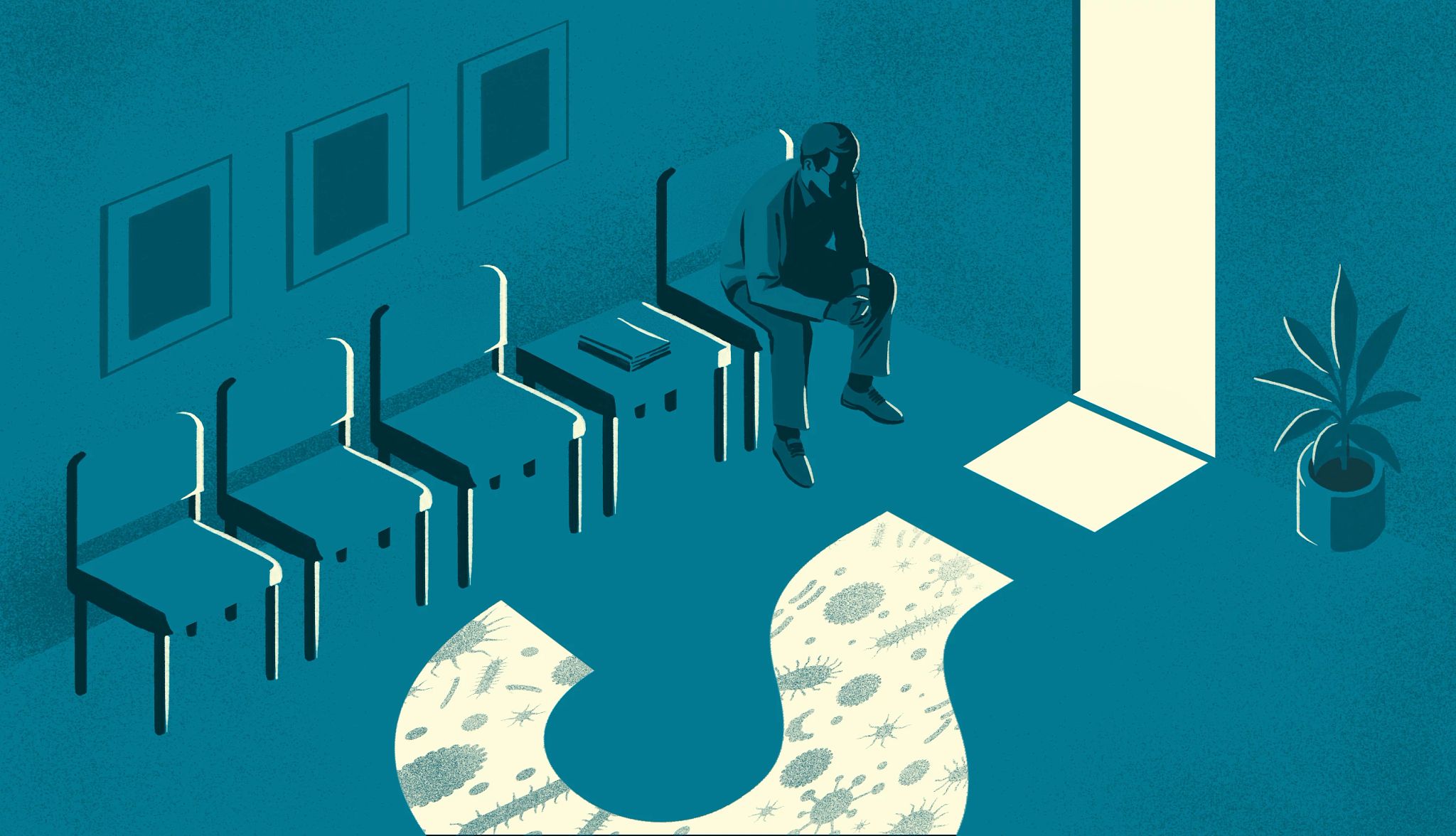 Ilustración de un hombre solo en una sala de espera, con un signo de interrogación dibujado en el piso.