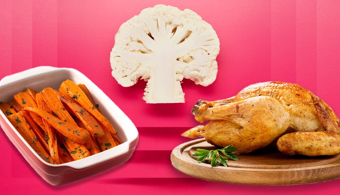 Perfect Puree Recipes Roasted carrots, cauliflower and roast chicken are pictured on a pink background.