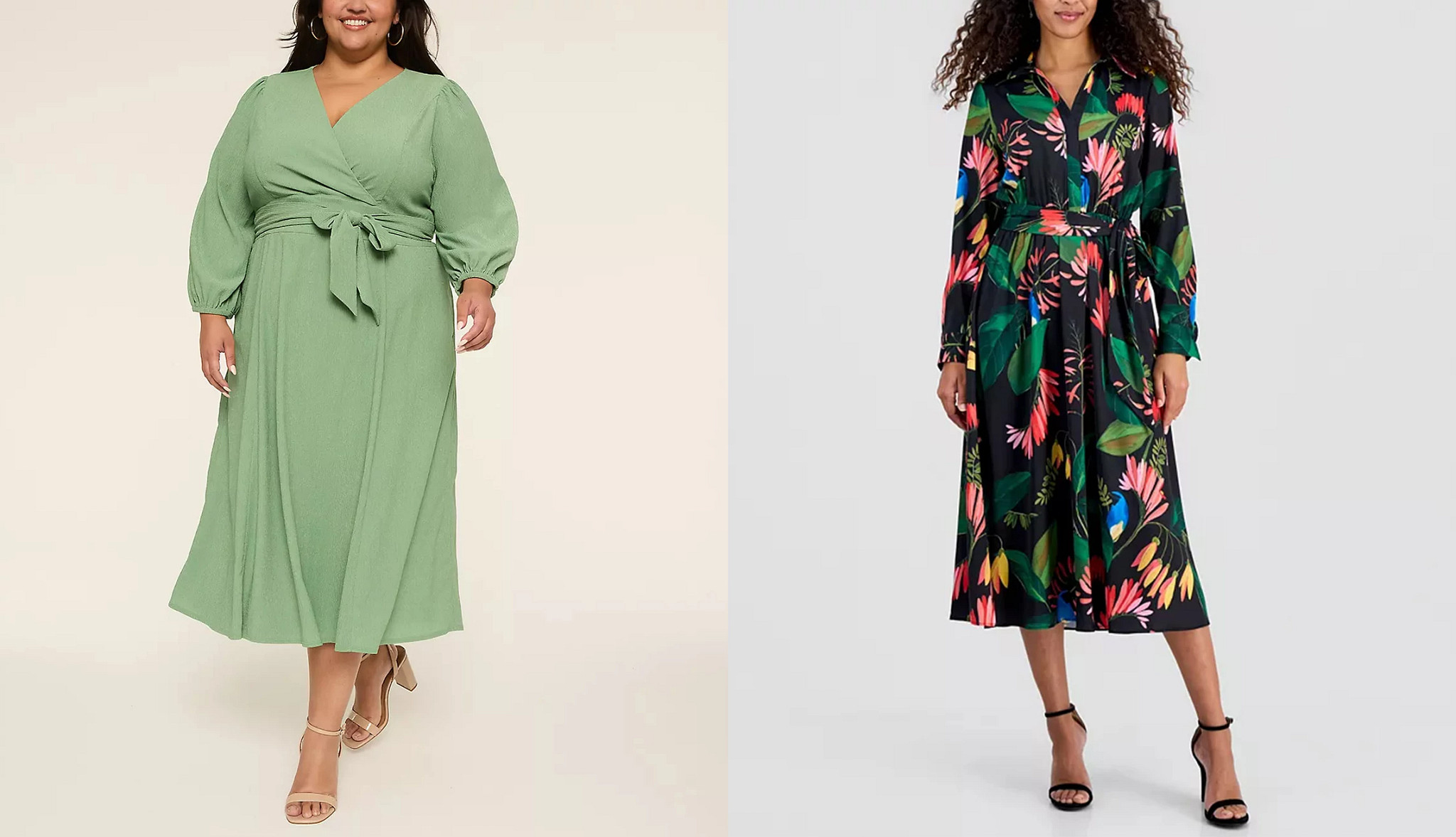 a collage with models wearing belted wrap dresses